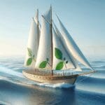 Velero ecológico navegando sobre un mar azul con un cielo despejado.