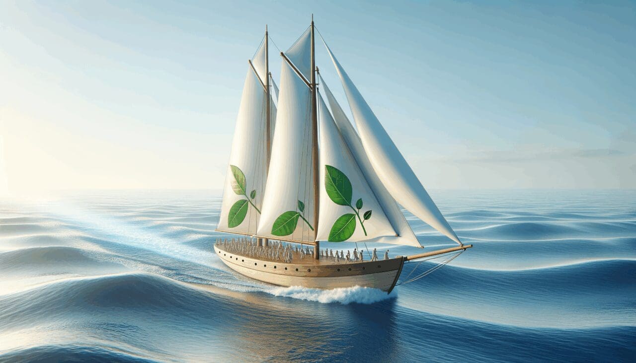 Velero ecológico navegando sobre un mar azul con un cielo despejado.
