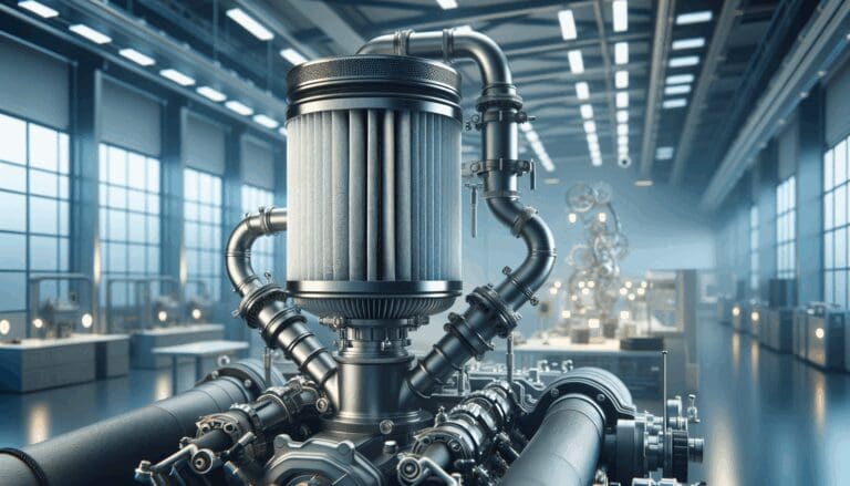 Primer plano de un filtro innovador instalado en el escape de un motor, con fondo de laboratorio tecnológico iluminado.