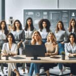 Fotografía de mujeres emprendedoras en un espacio moderno de coworking, reunidas frente a computadoras y pizarras digitales.