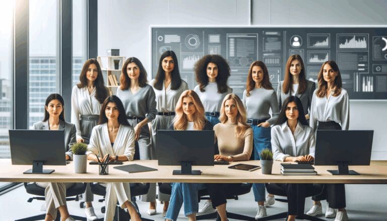 Fotografía de mujeres emprendedoras en un espacio moderno de coworking, reunidas frente a computadoras y pizarras digitales.