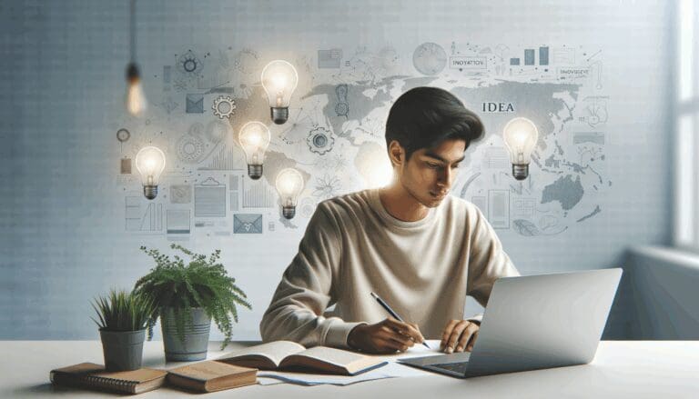 Joven estudiando frente a una laptop con plantas y pizarras de ideas innovadoras en segundo plano.