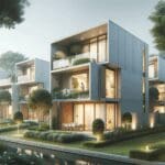 Render de una vivienda modular y moderna rodeada de vegetación, con tecnología integrada de forma sutil.