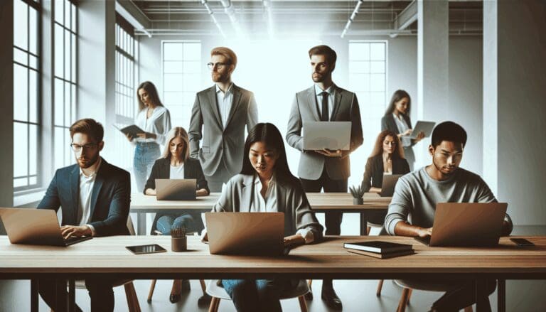 Equipo de emprendedores trabajando en laptops en un espacio de coworking moderno y luminoso.