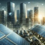 Primer plano de paneles solares y tecnología verde en un entorno urbano moderno bajo cielo claro.