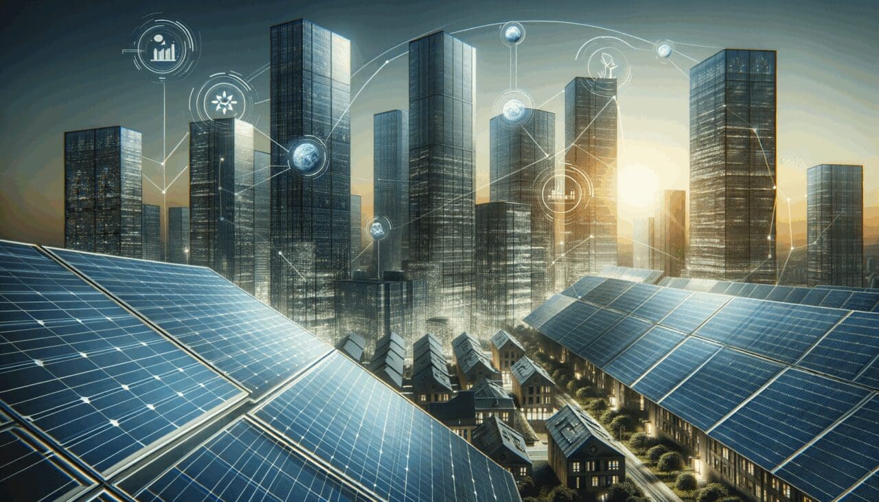 Primer plano de paneles solares y tecnología verde en un entorno urbano moderno bajo cielo claro.