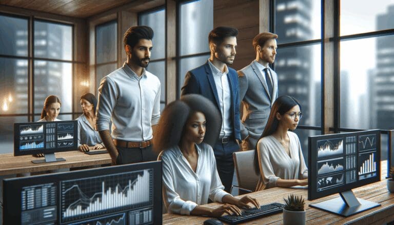 Equipo trabajando frente a pantallas con gráficos digitales en una oficina moderna de Ciudad de México.