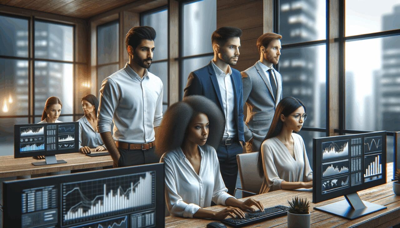 Equipo trabajando frente a pantallas con gráficos digitales en una oficina moderna de Ciudad de México.