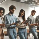 Gente joven interactuando frente a pantallas digitales en un espacio de coworking moderno.