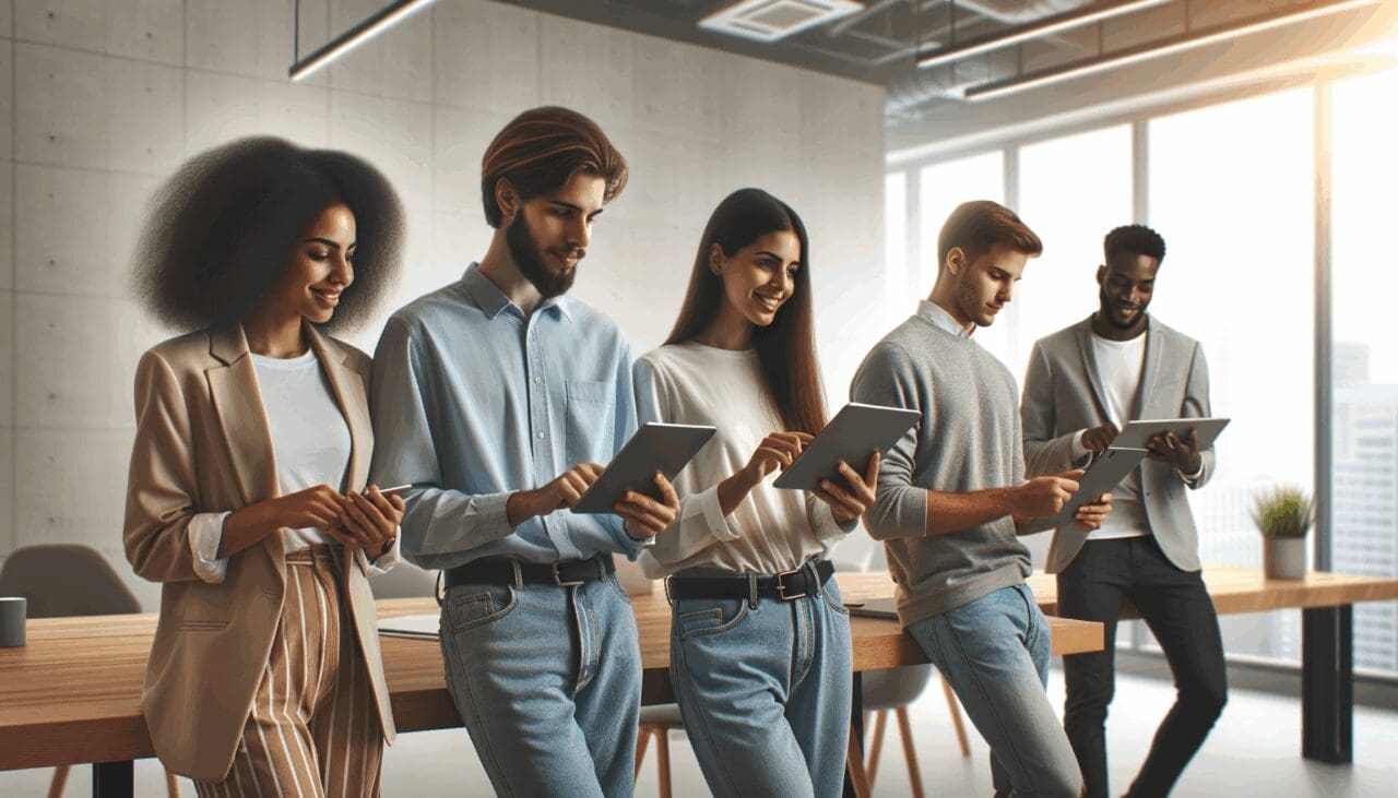 Gente joven interactuando frente a pantallas digitales en un espacio de coworking moderno.