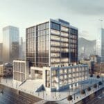 Moderno edificio de oficinas con un fondo urbano chileno