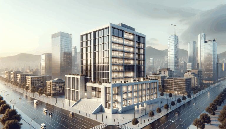 Moderno edificio de oficinas con un fondo urbano chileno