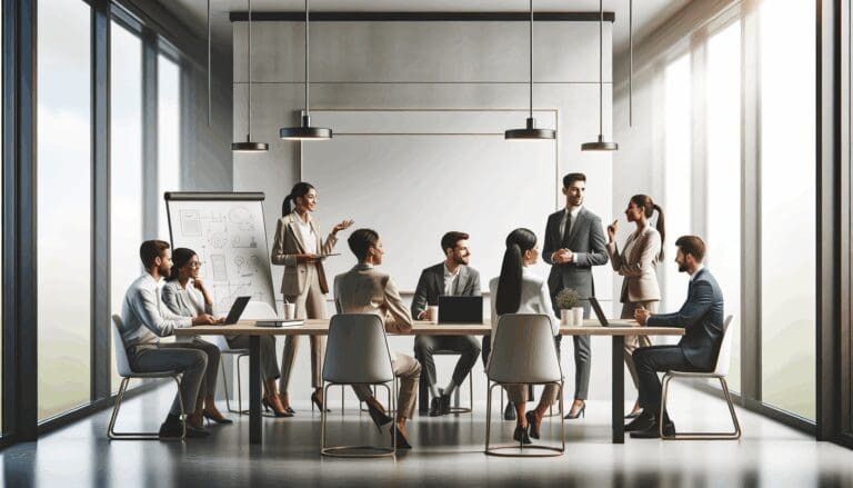 Colaboradores discutiendo ideas en una oficina moderna con pizarras y laptops.