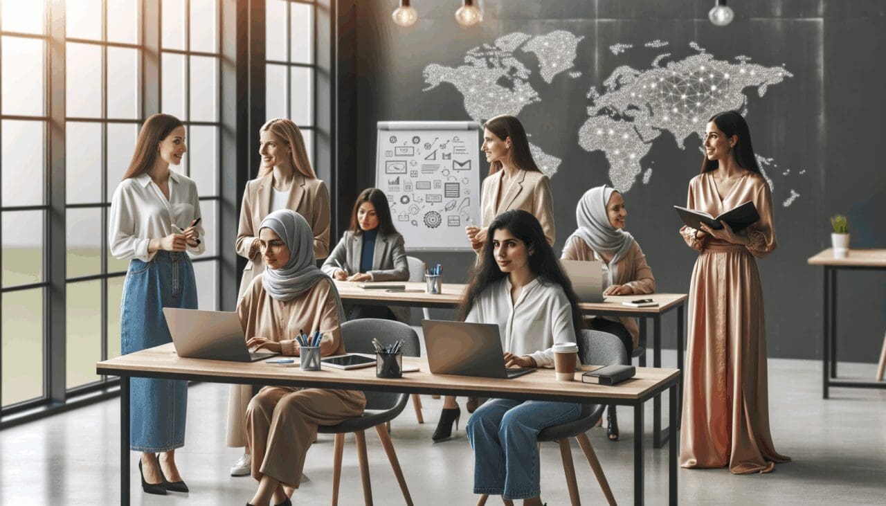 Grupo diverso de emprendedoras en un espacio de coworking moderno, laptops y pizarras digitales de fondo.