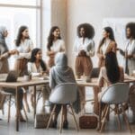 Grupo diverso de mujeres líderes conversando en un moderno espacio de coworking, con laptops y pizarras.