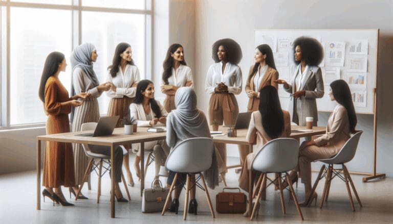 Grupo diverso de mujeres líderes conversando en un moderno espacio de coworking, con laptops y pizarras.