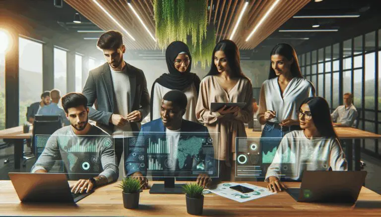 Equipo diverso de emprendedores analizando prototipos digitales en un espacio de coworking moderno, rodeados de plantas y pantallas con gráficos verdes.