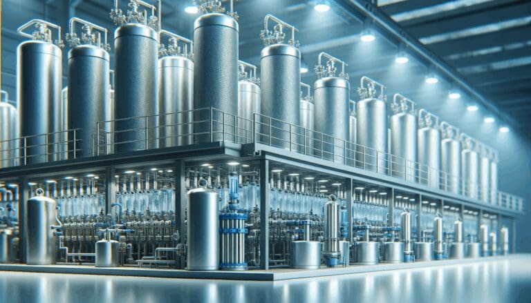 Primer plano de una planta de tratamiento de agua moderna con sistemas de filtrado tecnológico.