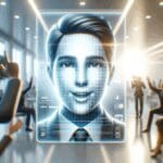 Primer plano de un avatar digital expresando emociones en una pantalla luminosa, fondo moderno difuminado.