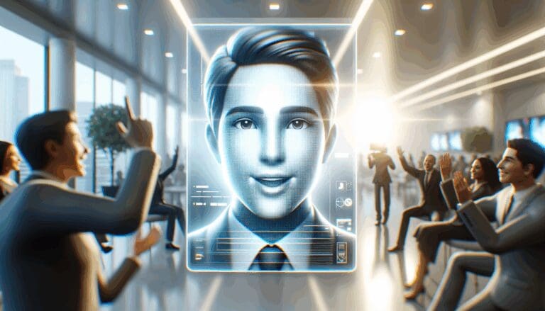 Primer plano de un avatar digital expresando emociones en una pantalla luminosa, fondo moderno difuminado.