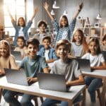 Niños y jóvenes sonrientes en un aula moderna, participando en un taller tecnológico.