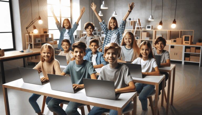 Niños y jóvenes sonrientes en un aula moderna, participando en un taller tecnológico.