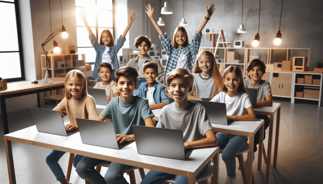 Niños y jóvenes sonrientes en un aula moderna, participando en un taller tecnológico.