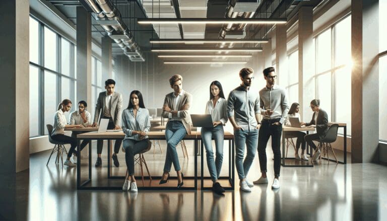 Grupo diverso de jóvenes emprendedores colaborando en un espacio de coworking moderno y tecnológico.