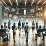 Grupo de emprendedores presentando proyectos tecnológicos en un auditorio moderno y luminoso.