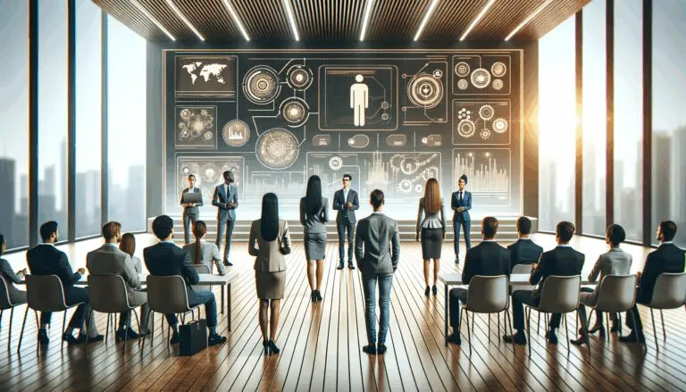 Grupo de emprendedores presentando proyectos tecnológicos en un auditorio moderno y luminoso.