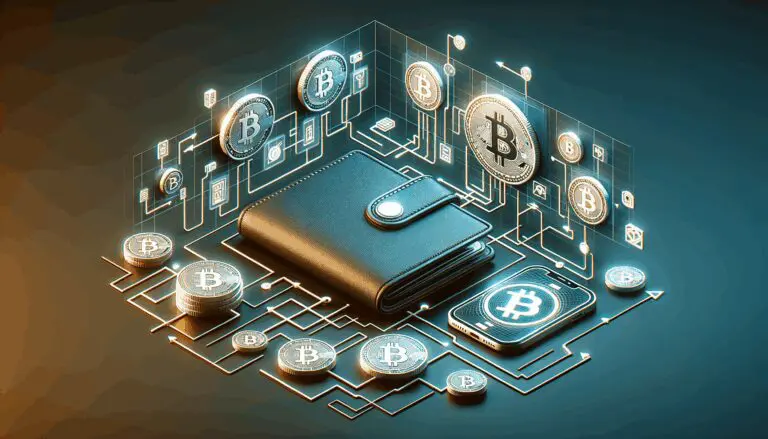 Gráfico digital de billeteras cripto y flujos de activos sobre un fondo oscuro y moderno.