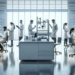 Laboratorio moderno con investigadores trabajando en equipos de biotecnología