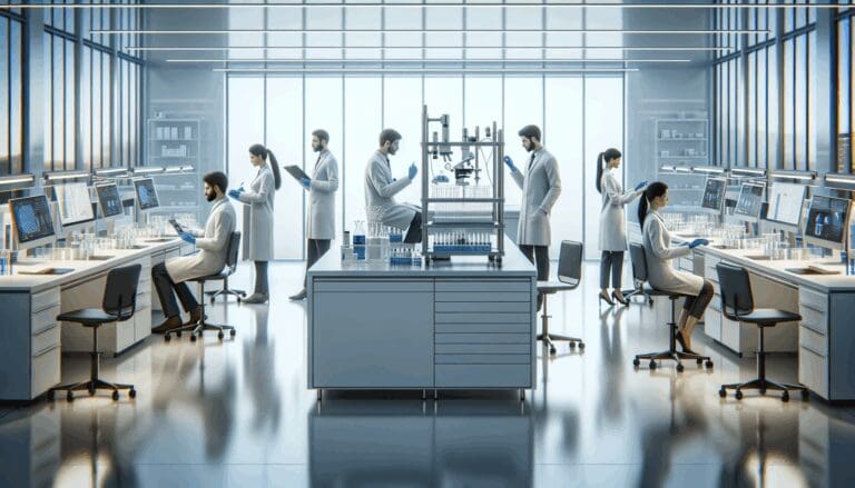 Laboratorio moderno con investigadores trabajando en equipos de biotecnología
