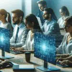 Primer plano de un código digital azul y un equipo joven de emprendedores trabajando en computadoras en un ambiente moderno.