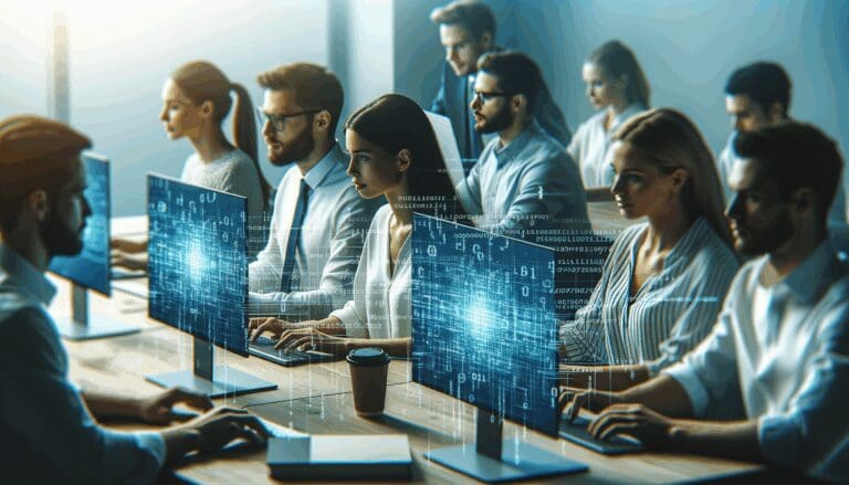 Primer plano de un código digital azul y un equipo joven de emprendedores trabajando en computadoras en un ambiente moderno.