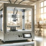 Primer plano de una impresora 3D industrial operando en un espacio moderno y luminoso.