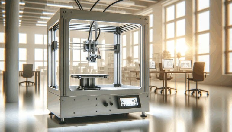 Primer plano de una impresora 3D industrial operando en un espacio moderno y luminoso.