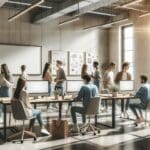 Personas jóvenes colaborando en un espacio de coworking moderno con pantallas y pizarras en un ambiente luminoso.