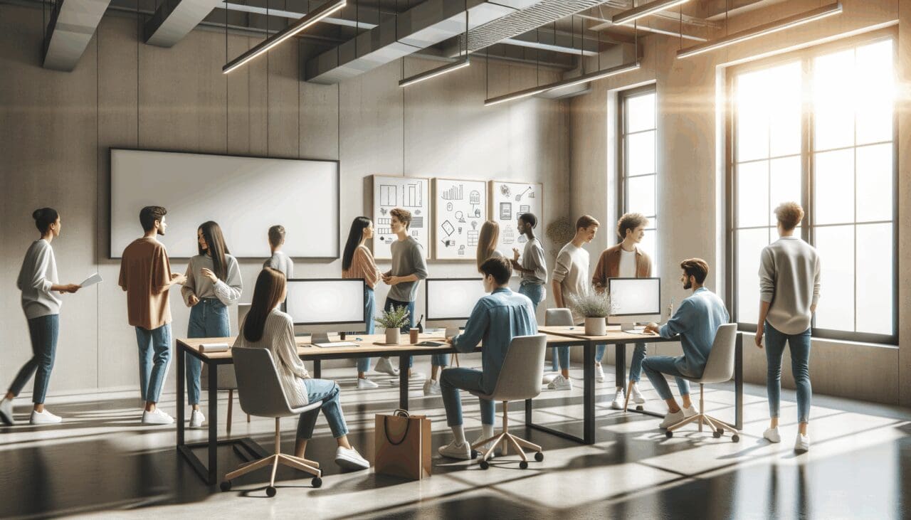 Personas jóvenes colaborando en un espacio de coworking moderno con pantallas y pizarras en un ambiente luminoso.