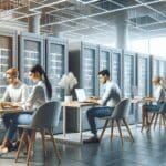 Servidores modernos en una oficina luminosa con ambiente emprendedor y equipo joven trabajando en portátiles.