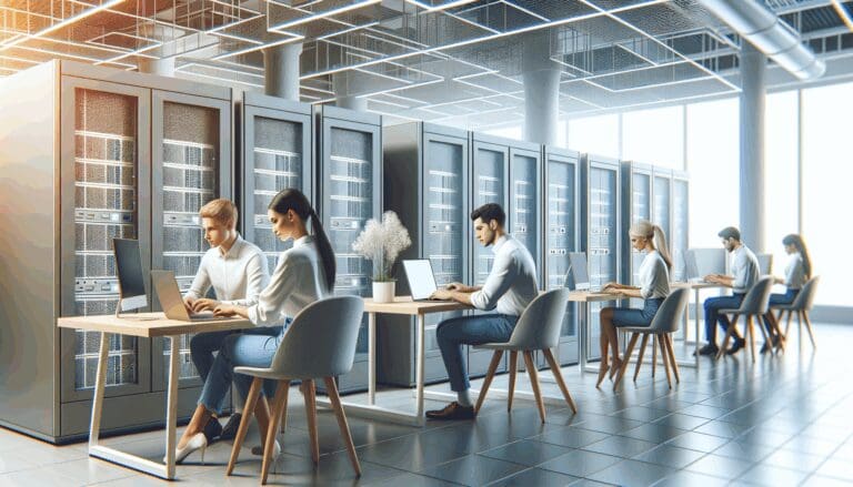 Servidores modernos en una oficina luminosa con ambiente emprendedor y equipo joven trabajando en portátiles.