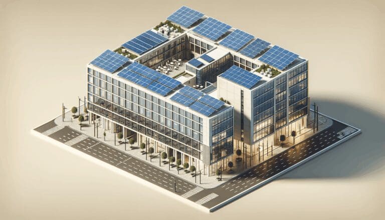 Fotografía de un edificio inteligente moderno con paneles solares y áreas tecnológicas, vista diurna y ambiente corporativo.