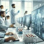 Primer plano de un laboratorio de biotecnología moderno con científicos trabajando en análisis computacionales.