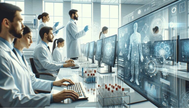 Primer plano de un laboratorio de biotecnología moderno con científicos trabajando en análisis computacionales.