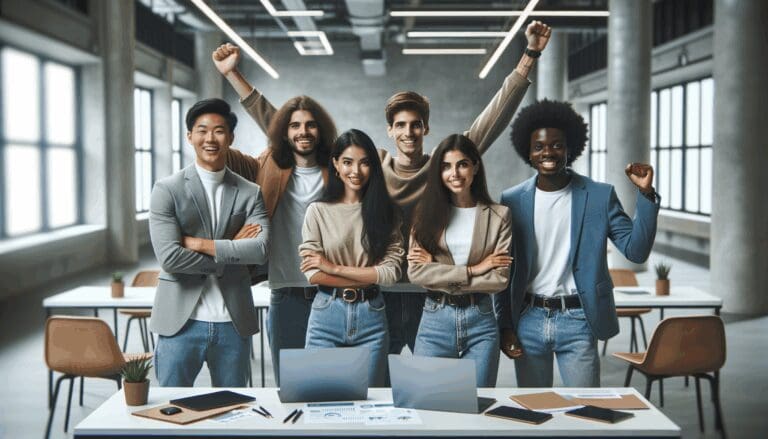 Grupo diverso de jóvenes emprendedores celebrando en un entorno universitario moderno, con laptops y pizarras digitales al fondo.