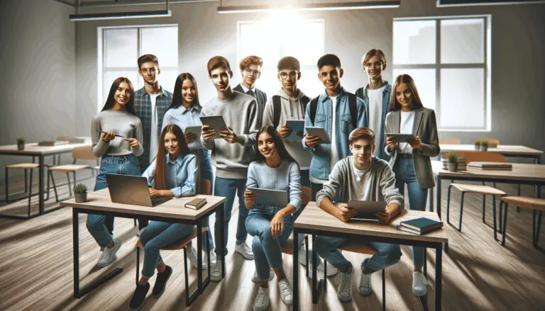Grupo de estudiantes interactuando con tecnología educativa en un aula moderna