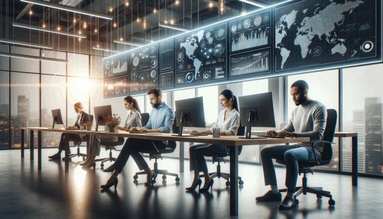 Equipo diverso trabajando en una oficina moderna con pantallas mostrando gráficos tecnológicos.