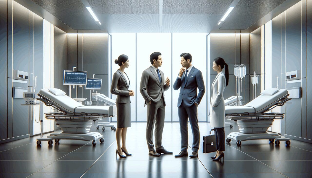 Hospital moderno en India con tecnología avanzada y directivos dialogando.