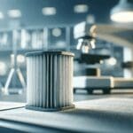 Primer plano de un filtro de auto sobre una mesa de laboratorio con fondo desenfocado