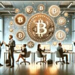 Representación conceptual de bitcoins digitales junto a computadoras en una oficina moderna y personas conversando.